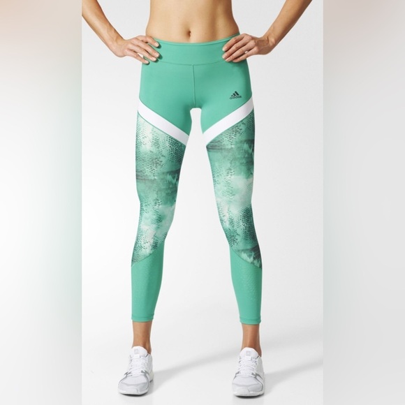 NWT adidas green long mid rise athletic yoga stretch run light legging tights S - Picture 1 of 3